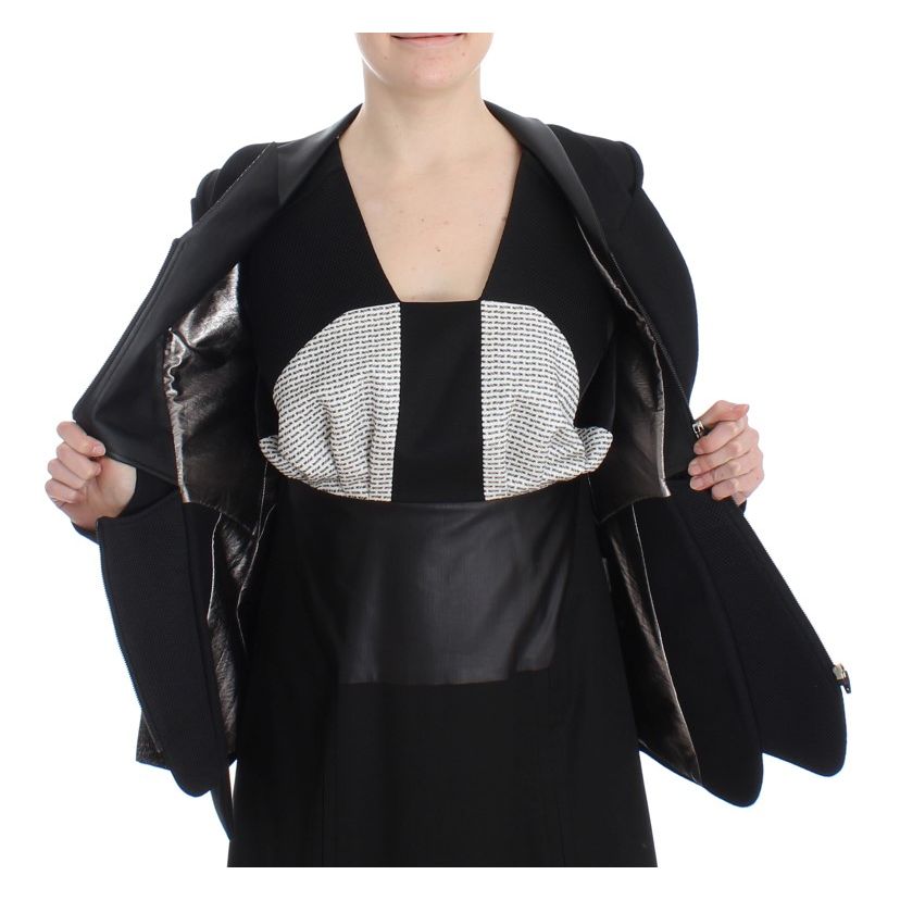 KAALE SUKTAE Black Short Blazer Coat Biker Jacket with elegant details, featuring zip closure, polyester blend material, and logo detail.