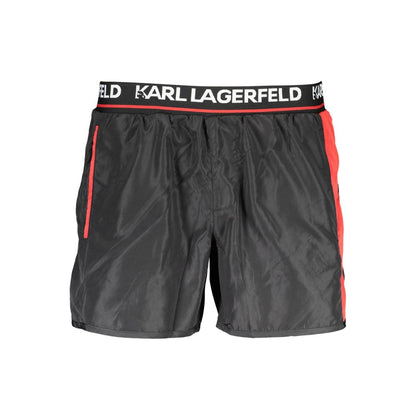 Karl Lagerfeld Black Polyester Swimwear with red contrasting details, elastic waist, and logo waistband.