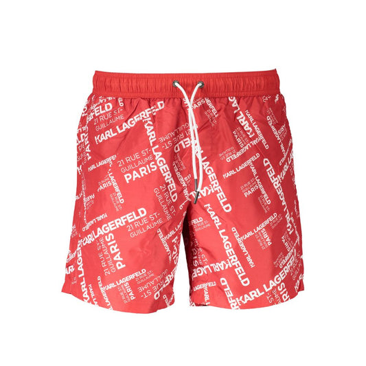 Karl Lagerfeld Red Polyester Swimwear with logo design, medium swim boxer, 2 pockets, inside slip, laces, and 1 back pocket.