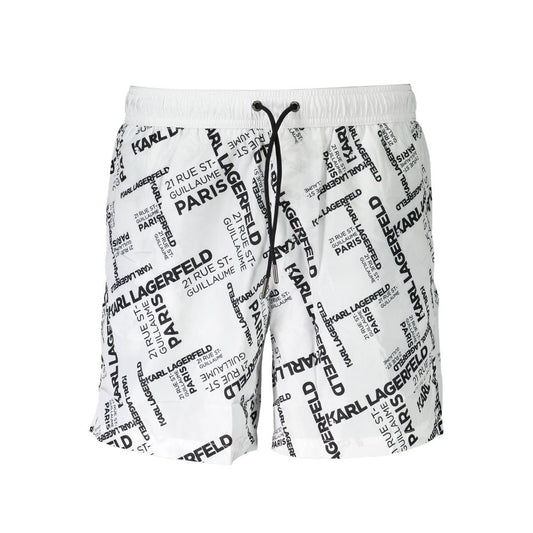 Karl Lagerfeld White Polyester Swimwear with logo print, medium swim boxer with two pockets, back pocket, inside slip, and laces.