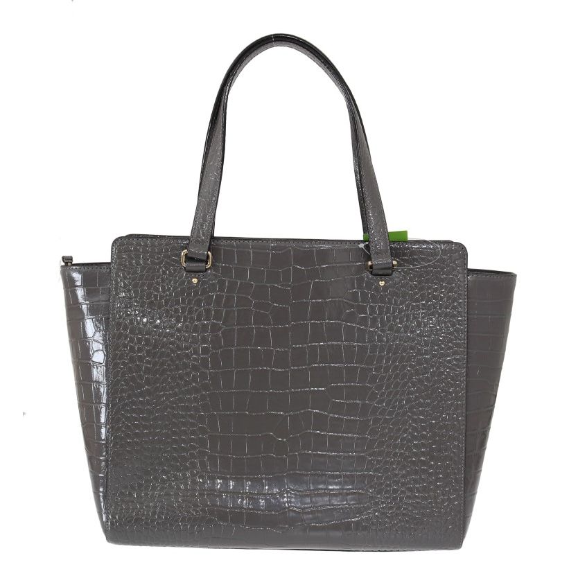 Kate Spade Grey Croc Embossed Leather Elissa Bristol Drive Tote Handbag Bag in deep graphite gray with gold-tone hardware.