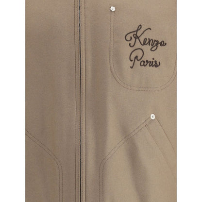 Close-up of Kenzo Brown Leather Jacket with embroidered logo and front pocket details.