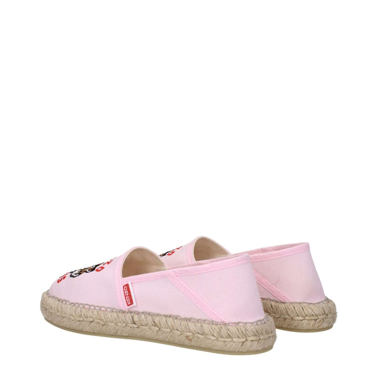 Kenzo Pink Fabric Espadrilles with logos, low flat heel, rubber sole, and round toe design. MPN FE52ES020F8134. Casual footwear style.