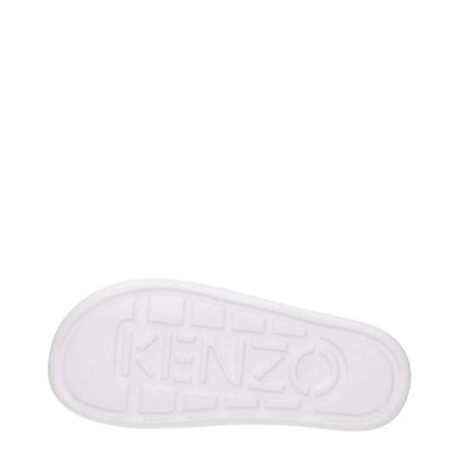Sole view of Kenzo White Cotton Slippers with rubber sole, featuring Kenzo logo imprint. Style: Casual, Open toe design.