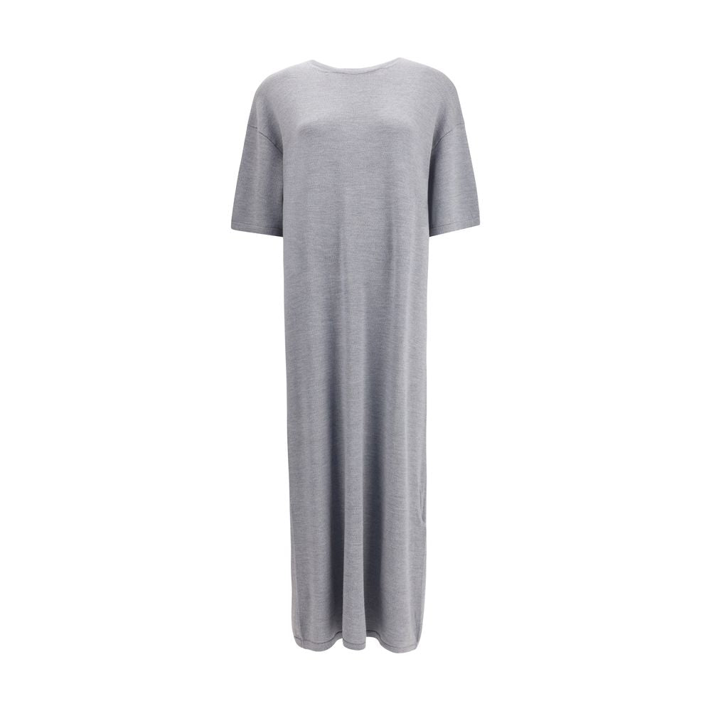 Khaite Gray Wool Casual Dress with crew neck and wide elbow-length sleeves, showcasing an elegant flared silhouette.