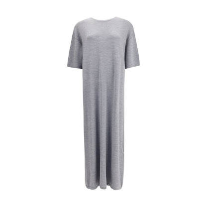 Khaite Gray Wool Casual Dress with crew neck and wide elbow-length sleeves, showcasing an elegant flared silhouette.