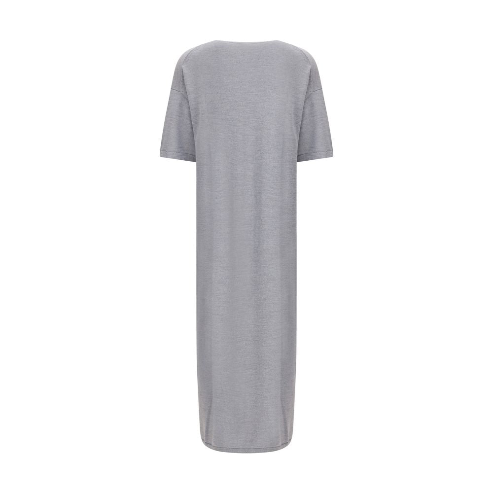 Khaite Gray Wool Casual Dress with a crew neck and wide elbow-length sleeves, crafted from medium-weight merino wool for AW25.