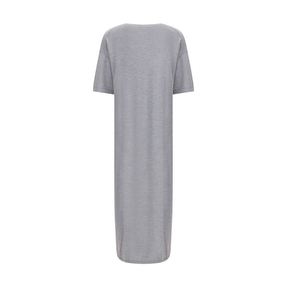 Khaite Gray Wool Casual Dress with a crew neck and wide elbow-length sleeves, crafted from medium-weight merino wool for AW25.