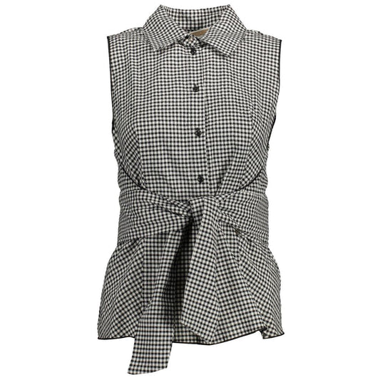 Kocca Black Cotton Shirt, sleeveless with Italian collar and buttons, featuring contrasting details and logo design.