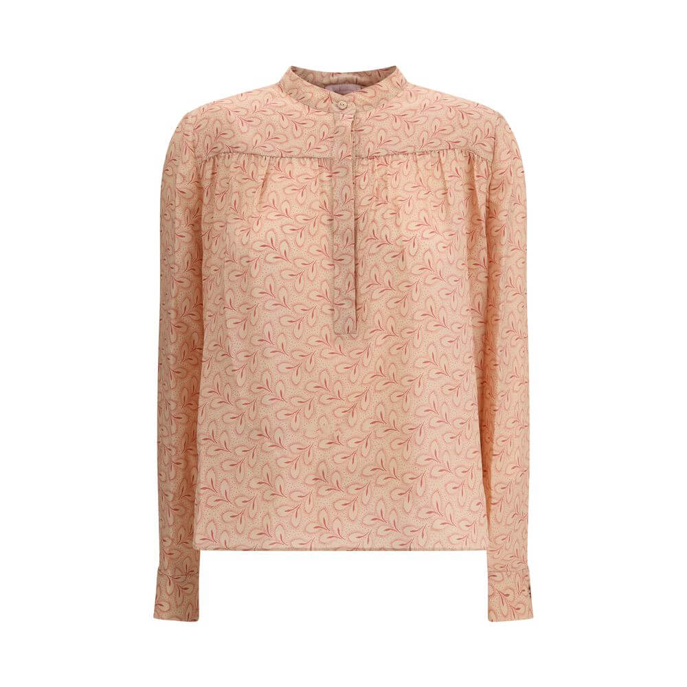 Kristina Ti Multicolor Silk Pattern Shirt with foliage print and stand-up collar, perfect for casual or sophisticated looks, AW25 collection.