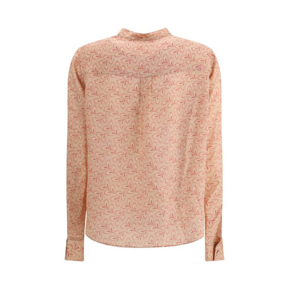 Back view of Kristina Ti Multicolor Silk Pattern Shirt with delicate foliage print, stand-up collar, and long sleeves for AW25 season.