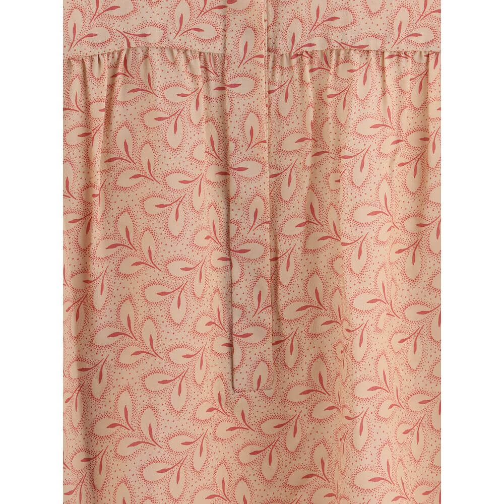 Close-up of Kristina Ti Multicolor Silk Pattern Shirt with red foliage print.