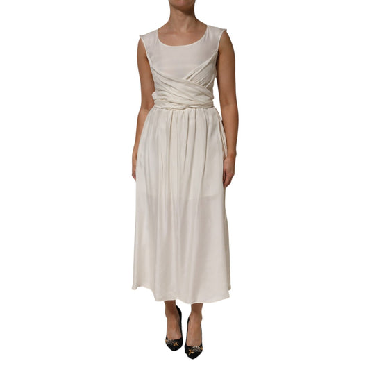 L'Autre Chose Ivory White Sleeveless Maxi Cupro Viscose Dress with draped waist detail, elegant flowy silhouette.