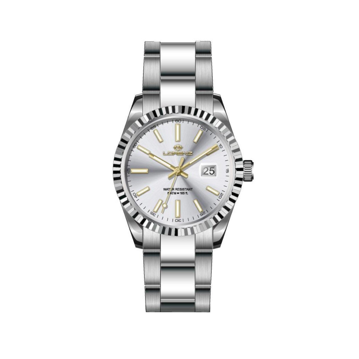 LORENZ MOD. 28190AA stainless steel lady's wristwatch with silver dial, quartz movement, mineral glass, and 5 ATM water resistance.