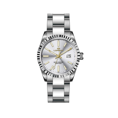 LORENZ MOD. 28190AA stainless steel lady's wristwatch with silver dial, quartz movement, mineral glass, and 5 ATM water resistance.