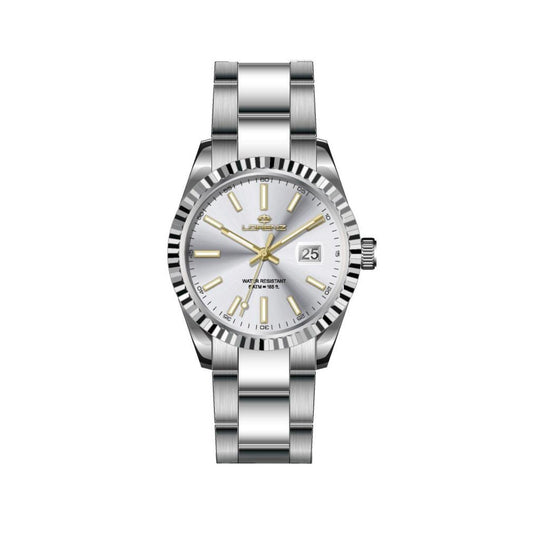 LORENZ MOD. 28190AA stainless steel lady's wristwatch with silver dial, quartz movement, mineral glass, and 5 ATM water resistance.