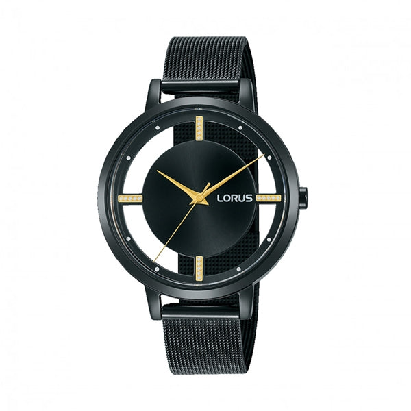 LORUS WATCHES Mod. RG205QX9, elegant black wristwatch with gold accents, featuring minimalist design and a mesh strap.