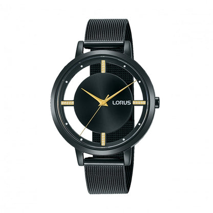 LORUS WATCHES Mod. RG205QX9, elegant black wristwatch with gold accents, featuring minimalist design and a mesh strap.