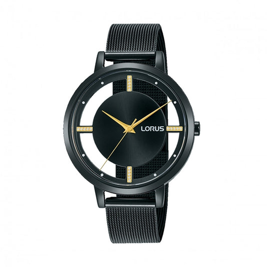LORUS WATCHES Mod. RG205QX9, elegant black wristwatch with gold accents, featuring minimalist design and a mesh strap.