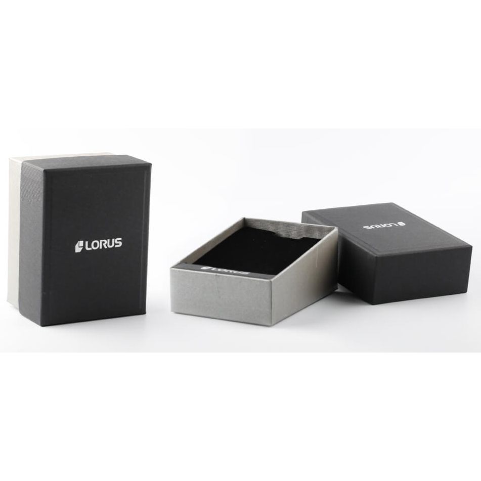 LORUS WATCHES Mod. RH961RX9 packaging box set displayed open and closed on a white background.