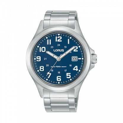 LORUS WATCHES Mod. RXH45KX9 with a blue dial and silver strap, featuring 24-hour markers and date display.