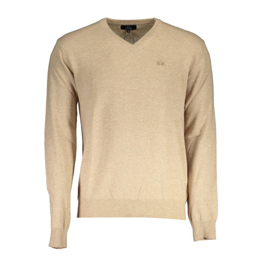Alt Tag: La Martina Beige Wool Men Sweater with V-neck and iconic embroidery for sophisticated style and timeless elegance.