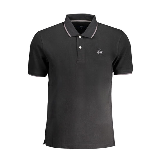 La Martina Black Cotton Men Polo Shirt with embroidery and logo, short sleeves, contrasting details, showcasing premium craftsmanship.
