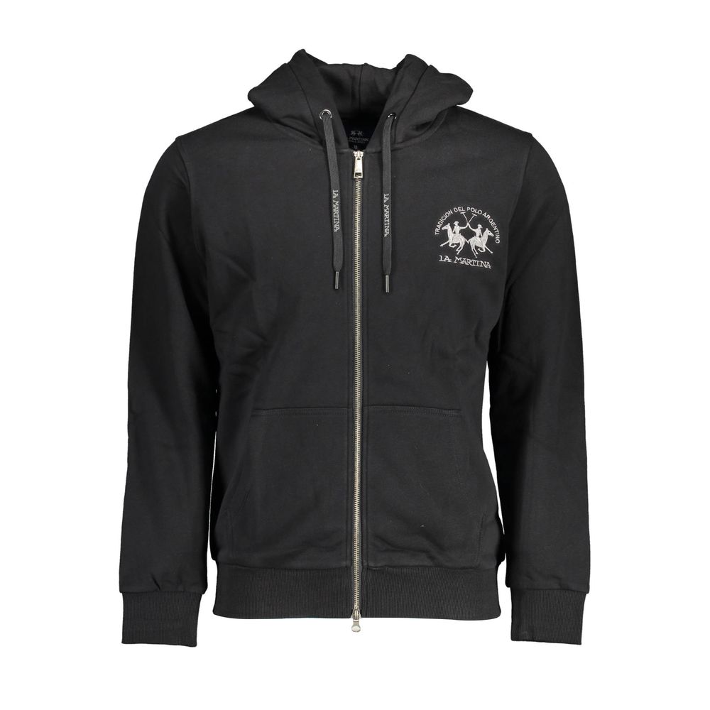 La Martina Black Cotton Men Sweater with hood and zip, featuring embroidery and logo