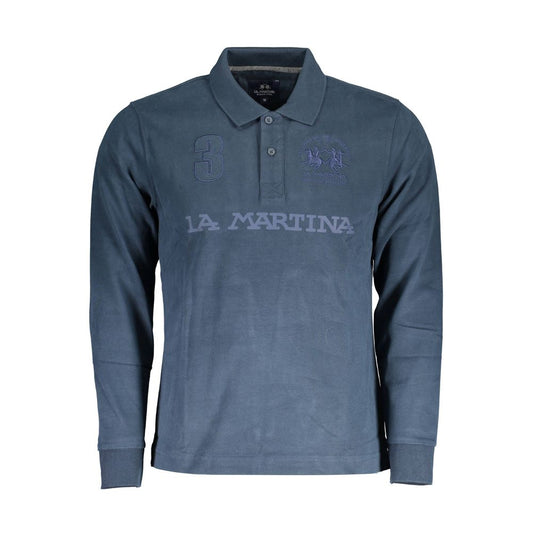 La Martina Blue Cotton Men Polo Shirt with dynamic print and embroidery.