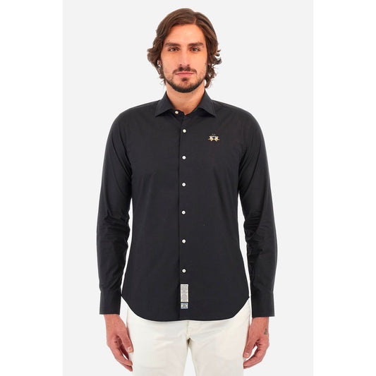 Man wearing La Martina Blue Cotton Shirt with chest embroidery and slim fit
