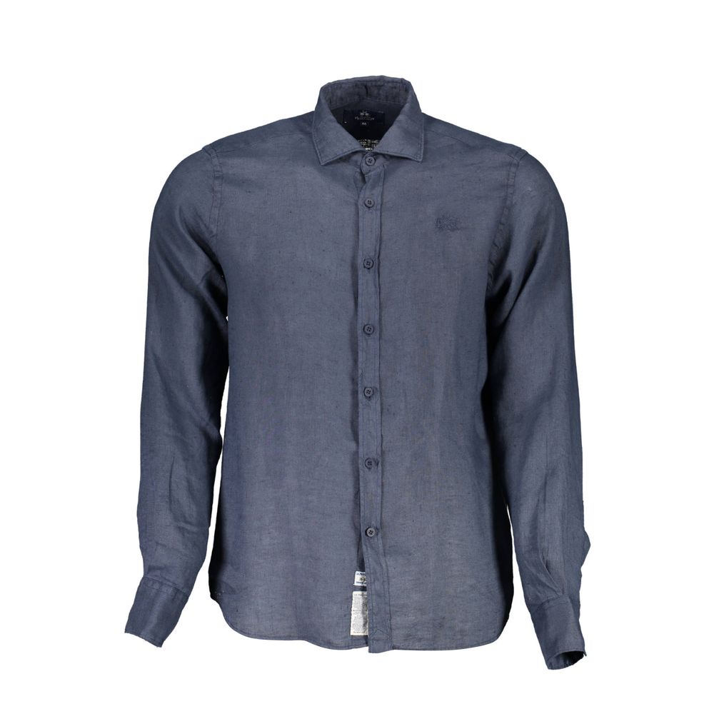 La Martina Blue Linen Men Shirt with French collar and elegant embroidery, crafted for comfort and style.