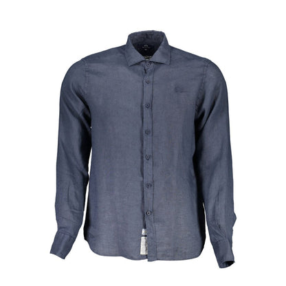 La Martina Blue Linen Men Shirt with French collar and elegant embroidery, crafted for comfort and style.