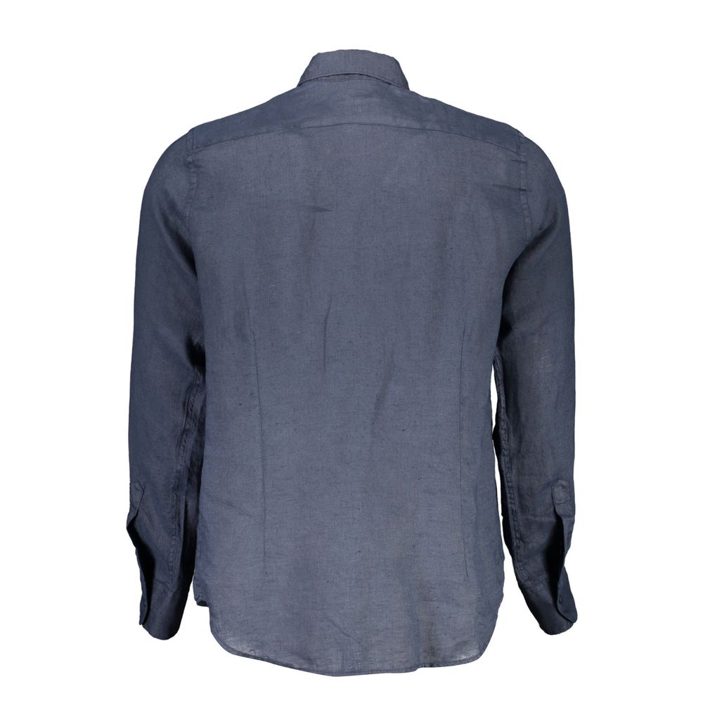 Back view of La Martina Blue Linen Men Shirt with French collar and embroidery