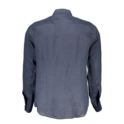 Back view of La Martina Blue Linen Men Shirt with French collar and embroidery