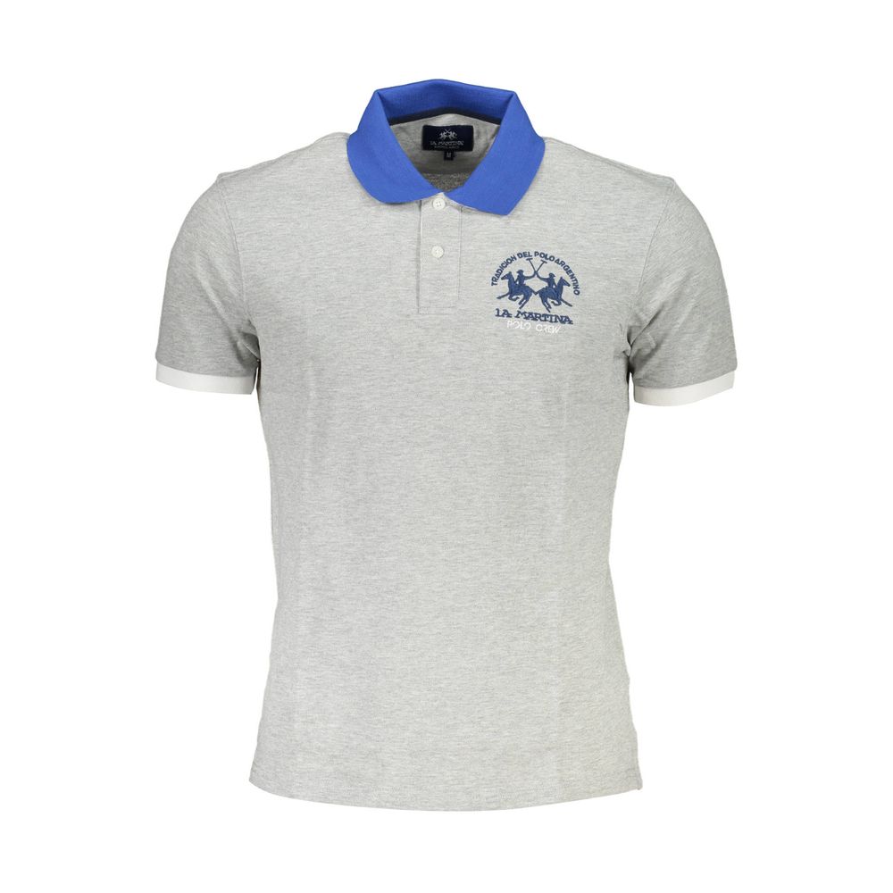 La Martina Brown Cotton Men Polo Shirt with blue collar and logo, short-sleeve, classic fit for casual sophistication.