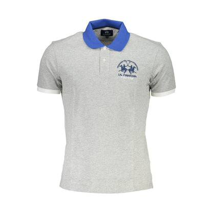 La Martina Brown Cotton Men Polo Shirt with blue collar and logo, short-sleeve, classic fit for casual sophistication.