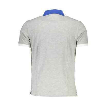 Back view of La Martina Brown Cotton Men Polo Shirt with blue collar and short sleeves.