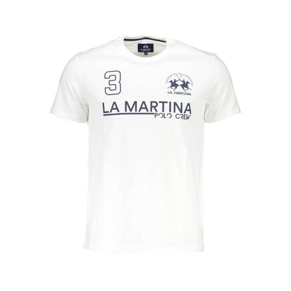 La Martina White Cotton Men T-Shirt with logo and print on front, short sleeve, crew neck, regular fit for stylish gentlemen.