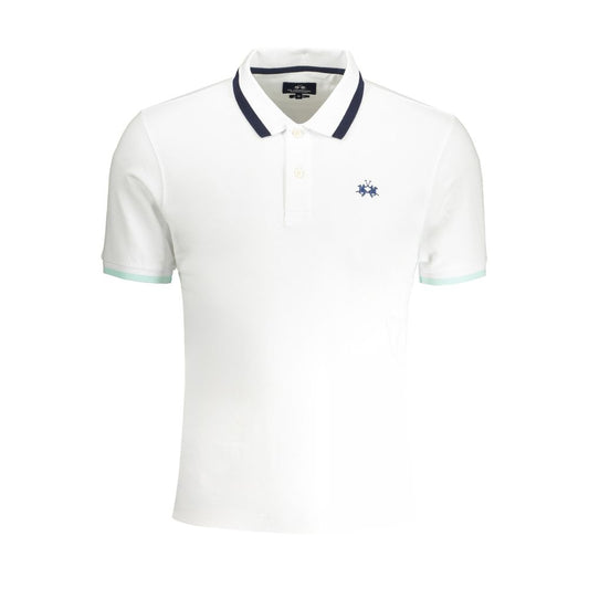 La Martina White Cotton Polo Shirt with silver logo embroidery, long sleeves, front view