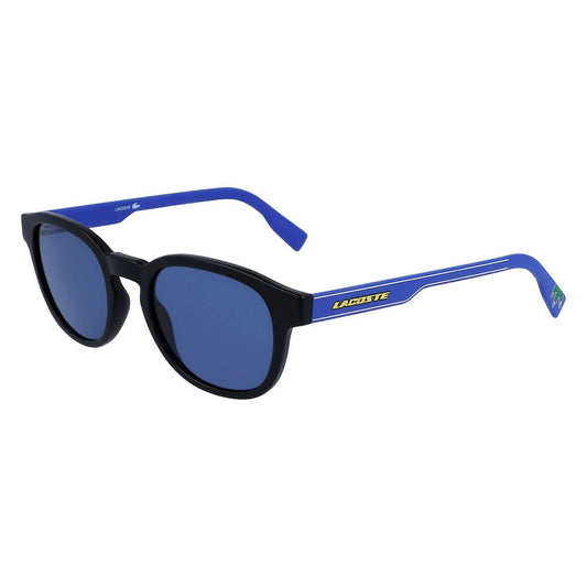 Lacoste Black Injected Sunglasses with blue temples, unisex style, model L968SX-002, 51/21/145 mm dimensions, category 3 protection.