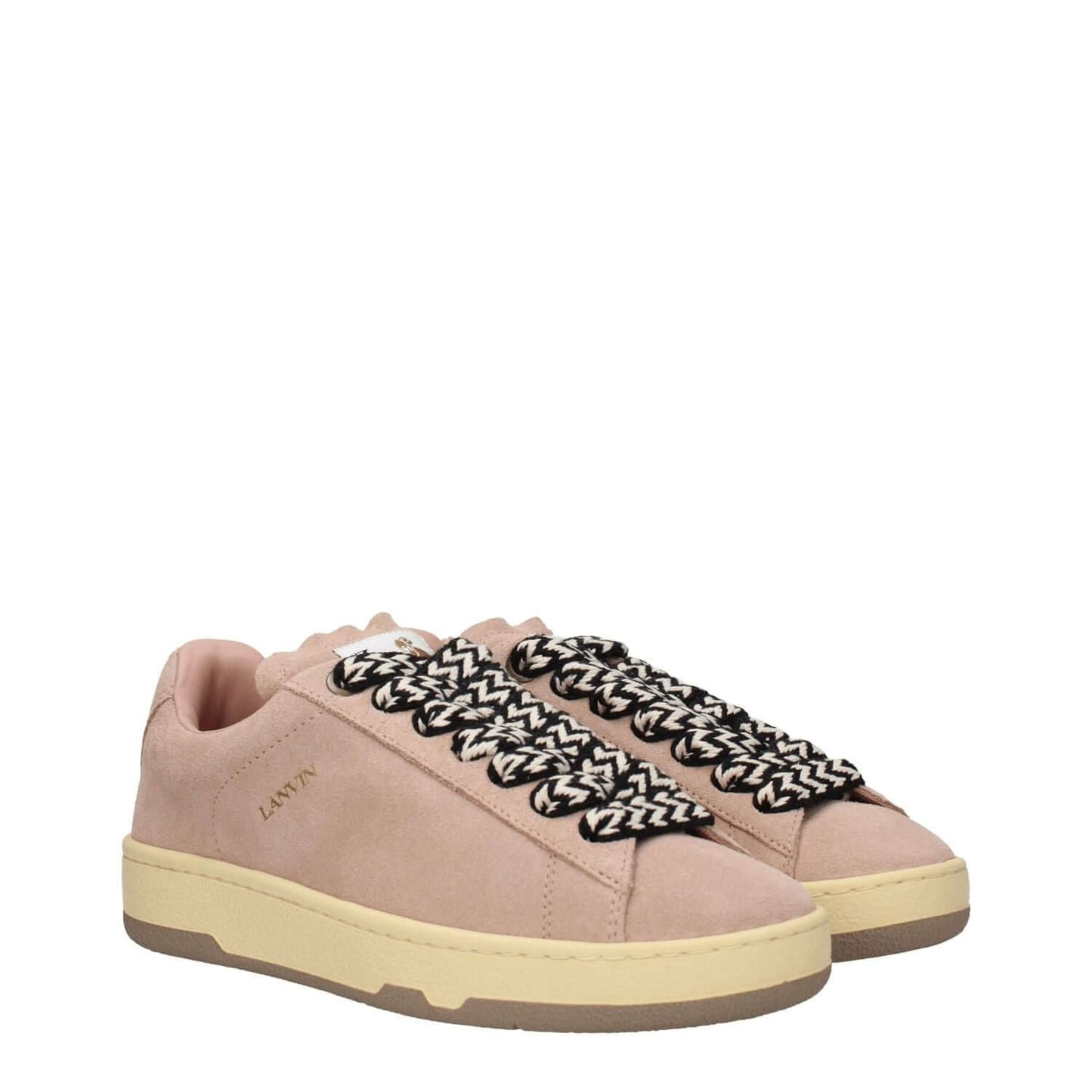 Lanvin Pink Leather Low Top Sneakers with laces, round toe, and vintage effect. Casual suede shoes with rubber sole and Lanvin logos.