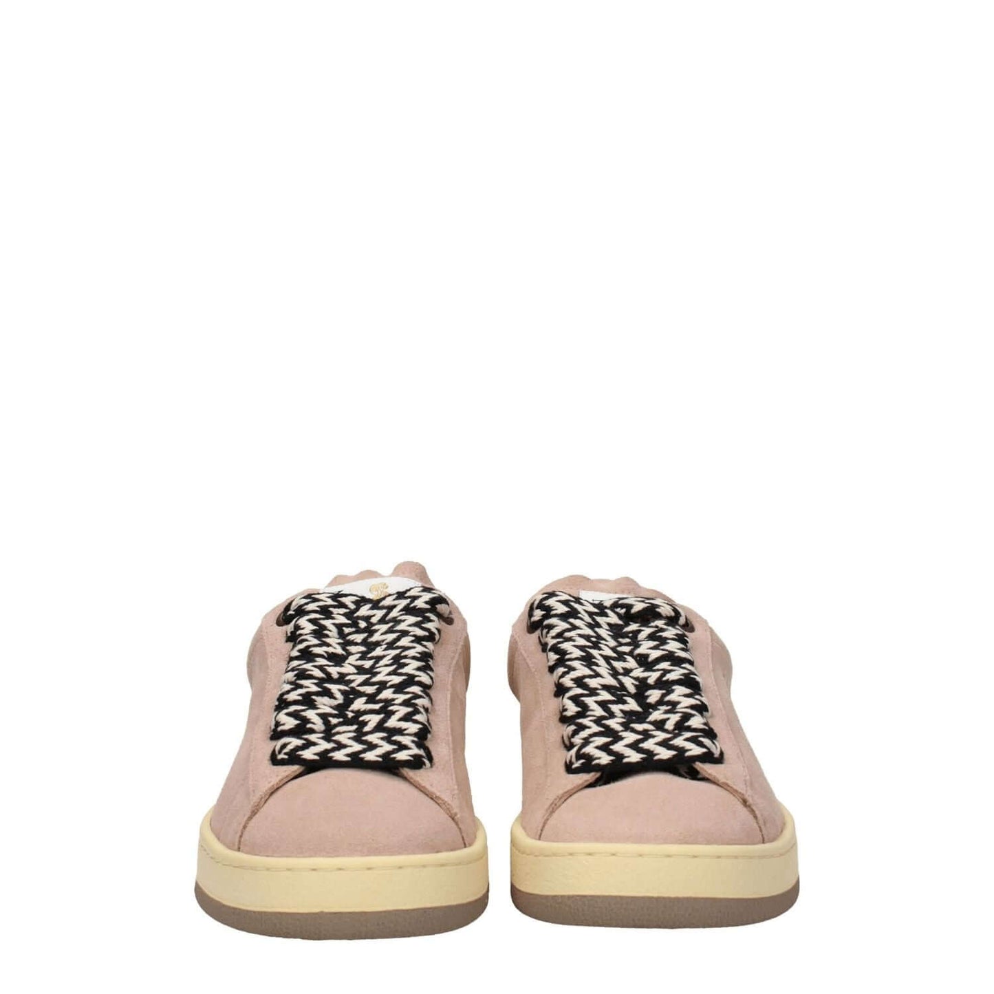 Lanvin Pink Leather Low Top Sneakers with aged effect and lace-up closure, featuring front, side, and back logos, round toe, and rubber sole.