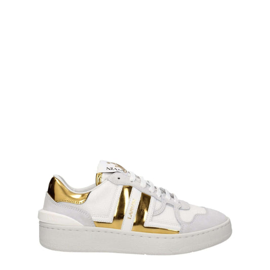 Lanvin White Fabric Low Top Sneakers with gold accents, featuring leather and rubber sole, lace-up closure, and front and back logo.