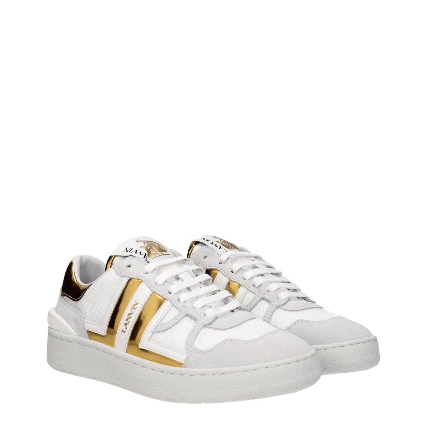 Lanvin White Fabric Low Top Sneakers with gold accents, leather material, lace-up closure, front and back logo, round toe design.