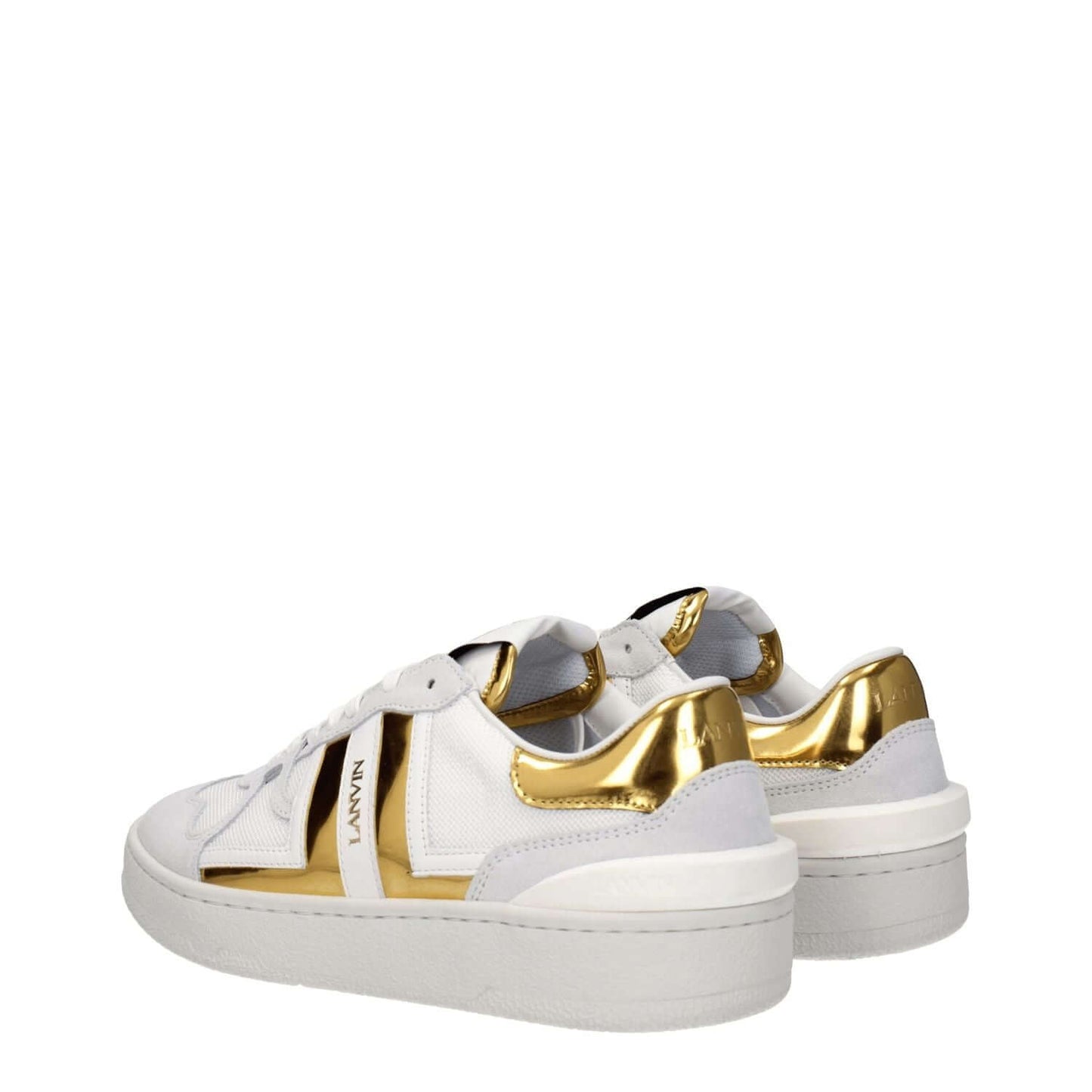 Lanvin White Fabric Low Top Sneakers with gold details, featuring leather material, rubber sole, and lace-up design.