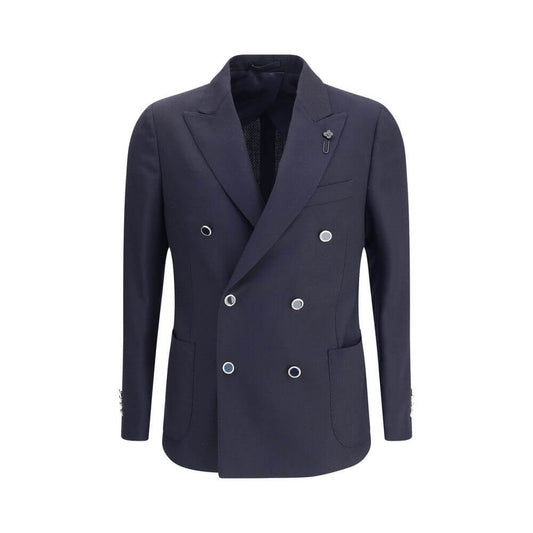 Lardini Blue Fleece Wool Blazer with herringbone pattern and signature pin, featuring double-breasted design and spear lapels.
