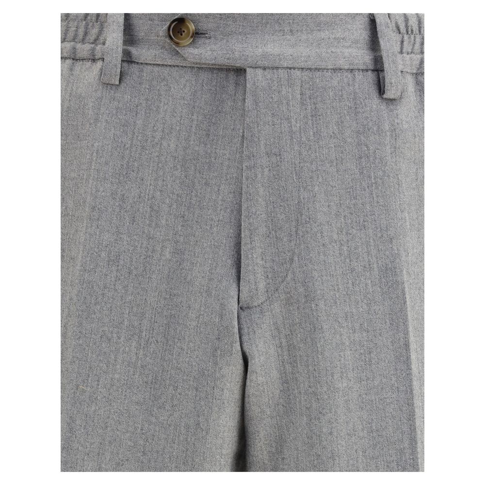 Close-up of Lardini Gray Fleece Wool Chino Pants featuring button closure and elastic waistband.