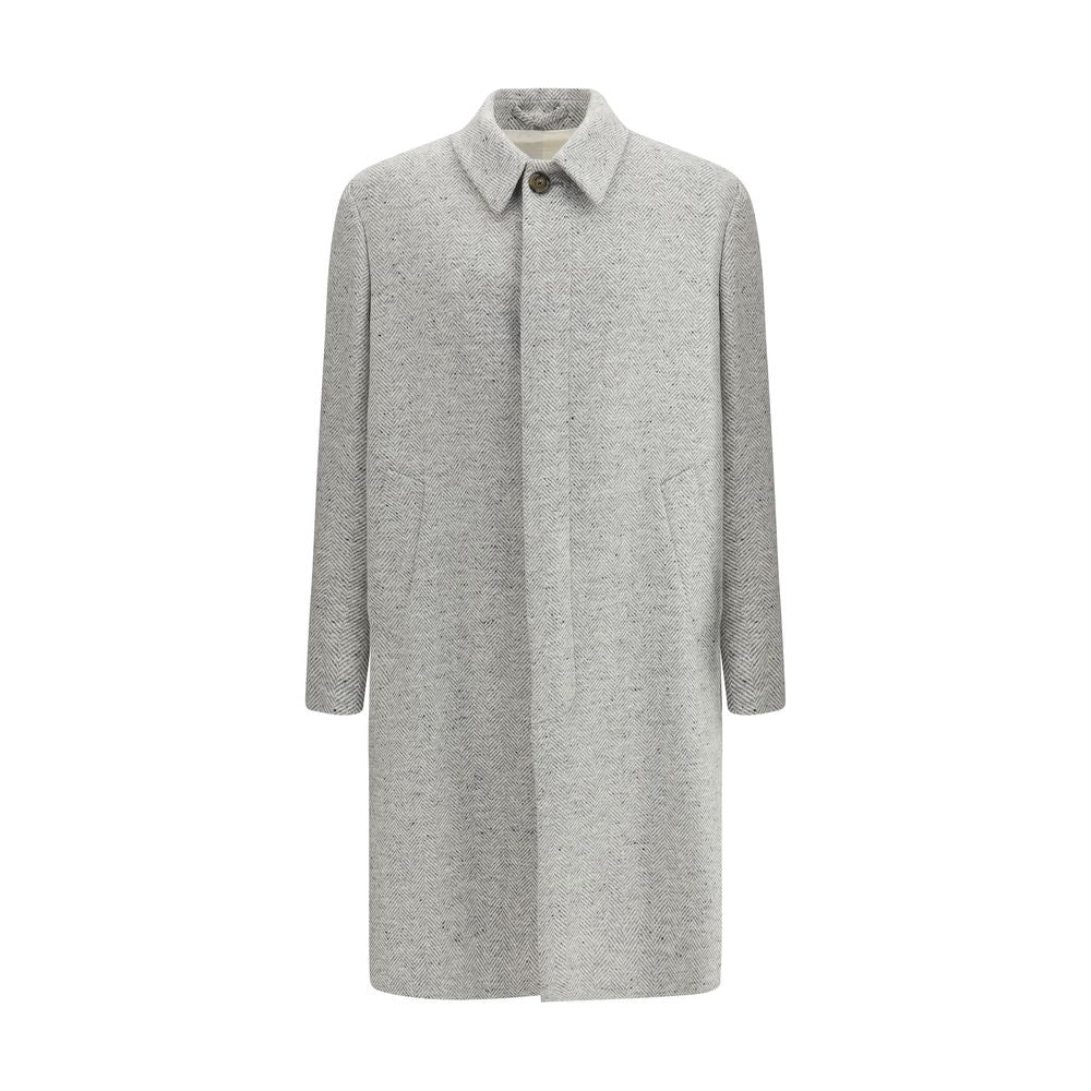 Lardini Gray Fleece Wool Coat with classic collar and herringbone pattern, front button closure, and side welt pockets, AW25 collection.
