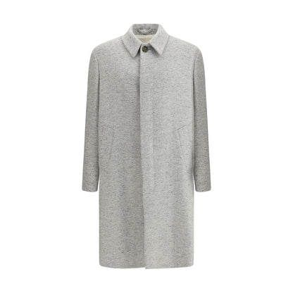 Lardini Gray Fleece Wool Coat with classic collar and herringbone pattern, front button closure, and side welt pockets, AW25 collection.
