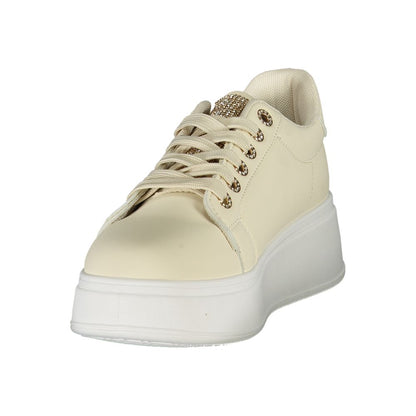 Laura Biagiotti Beige Polyester Women Sneaker with rhinestone accents and 4 cm wedge for chic style and comfort.